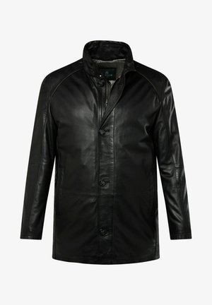 Zwarte leren jas met een kraag, sluiting met knopen aan de voorkant, twee zijzakken en een gladde textuur, met een rechte snit en subtiele stikseldetails.