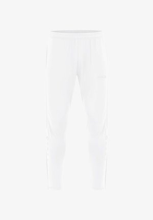 Weiße Sporthose aus leichtem Stoff. Mit schmalem Schnitt, elastischem Bund und Druckknöpfen an den Seiten.