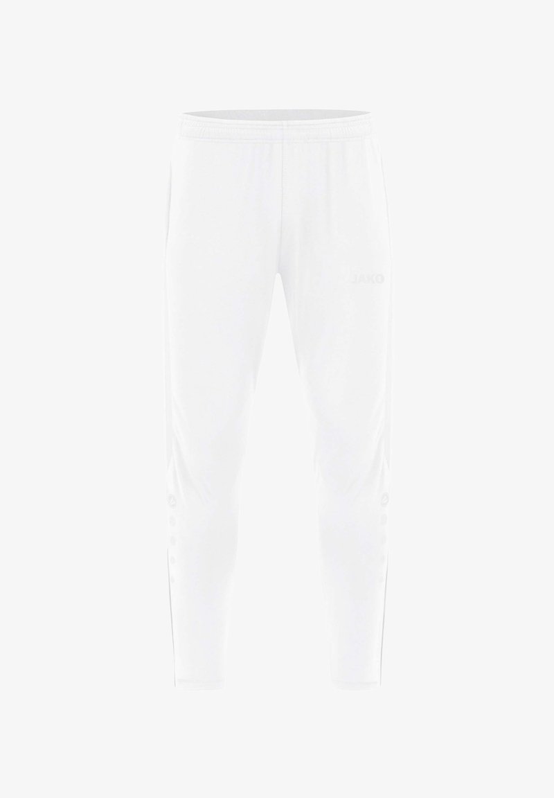 Witte sportbroek van lichtgewicht stof. Heeft een slim fit, elastische tailleband en drukknoopjes langs de zijkanten.