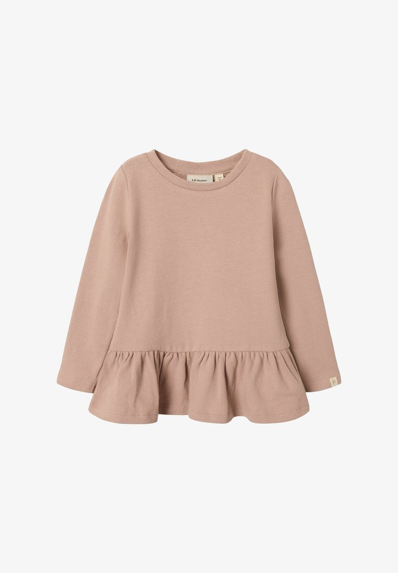 Ilga rankovė palaidinė iš minkštos, šviesiai rožinės medžiagos. Turi apvalią iškirptę ir raukinį juosmens apačioje. Klasikinis atitikmuo ir paprastas dizainas.