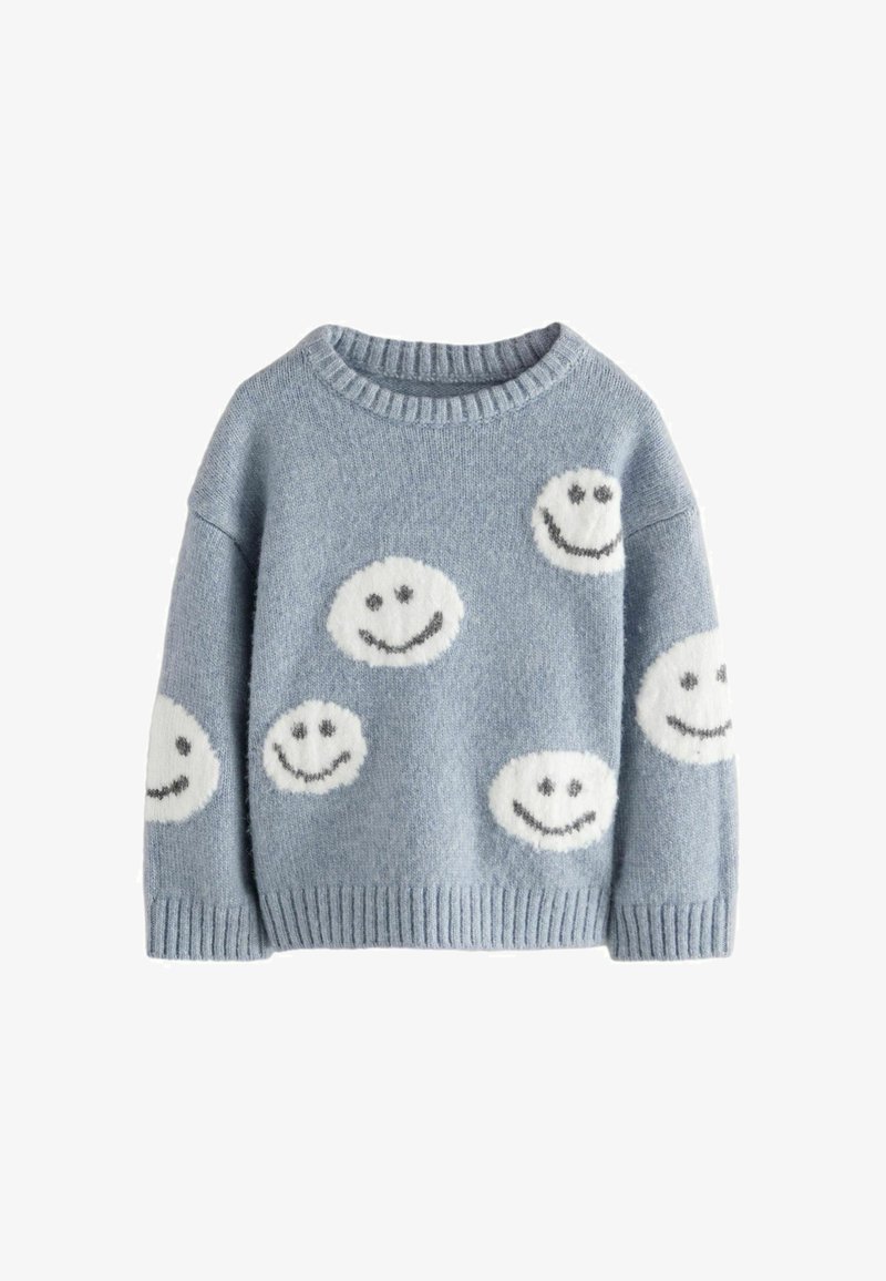 Világoskék kötött pulóver, lekerekített nyakkal, amelynek az elején és a ujjakon bolyhos fehér mosolygós arcok találhatóak fekete körvonalakkal.