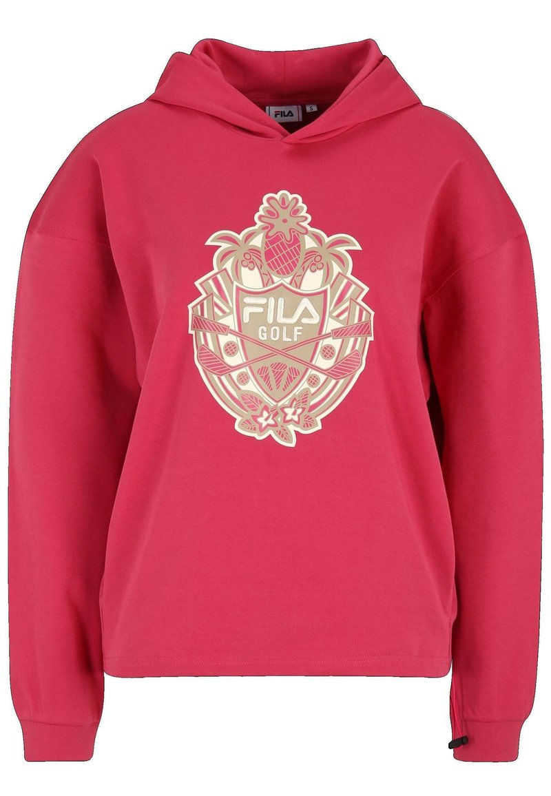 Różowa bluza z kapturem z dużym, jasnym logo FILA GOLF z tropikalnymi elementami. Materiał wydaje się miękki i ma luźny, oversize'owy krój.