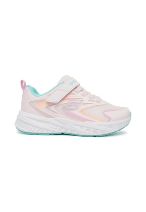 Sneaker Skechers rosa chiaro con dettagli arancione pastello e rosa, fodera interna turchese, suola bianca e chiusura con velcro.