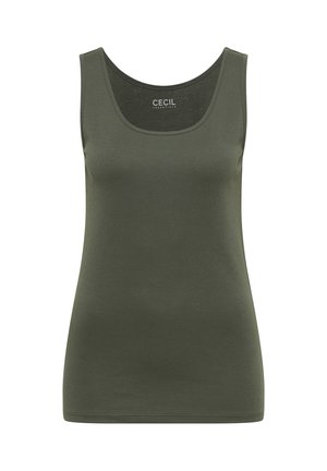 Débardeur vert olive sans manches avec encolure dégagée, coupe ajustée et étiquette "Cecil Essentials" à l'intérieur du col arrière.