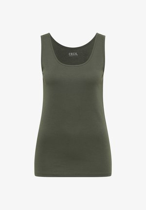 Canotta verde oliva senza maniche con scollatura ampia, taglio aderente e etichetta "Cecil Essentials" all'interno del colletto posteriore.