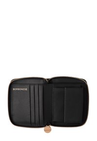 Black leather wallet with a zip closure, features multiple card slots, a flat pocket, and gold-tone hardware accents. Brand name embossed inside.