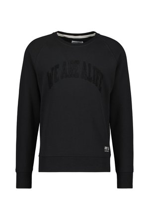 Schwarzes Sweatshirt mit geripptem Rundhalsausschnitt und texturiertem, geschwungenem Schriftzug "WE ARE ALIVE". Mit langen Ärmeln und geradem Saum.