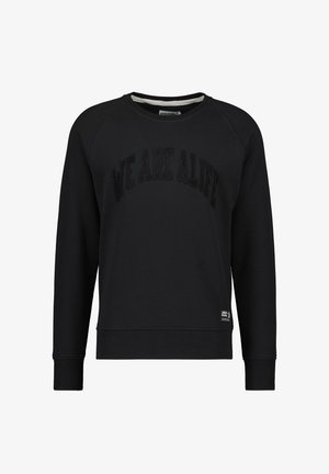 Felpa nera con scollatura a girocollo a coste e lettering testurizzato "WE ARE ALIVE" in un design curvo. Presenta maniche lunghe e orlo dritto.