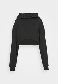 Sweat à capuche court noir en tissu doux, avec une capuche à cordon de serrage, des manches longues et un large ourlet côtelé. Design minimaliste sans motifs.