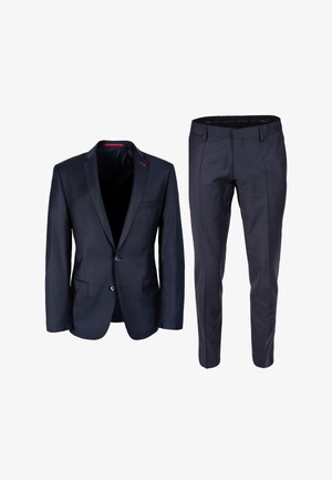 Marineblauw pak met een enkelgeknoopte blazer met twee knopen en twee voorkruiszakken, gecombineerd met slim-fit broek. Gladde stofstructuur.