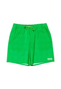 Shorts de bain vert vif avec une taille à cordon et un logo RVCA sur la jambe inférieure gauche.