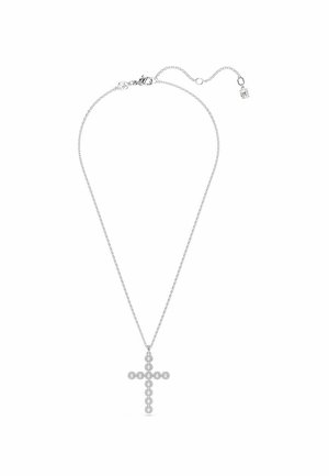 Collana in argento con un pendente a croce e accenti circolari brillanti. La catena è fine e delicata, con una chiusura a moschettone.