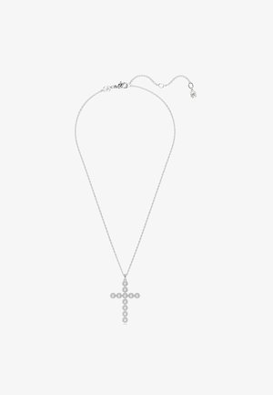 Collana in argento con un pendente a croce e accenti circolari brillanti. La catena è fine e delicata, con una chiusura a moschettone.