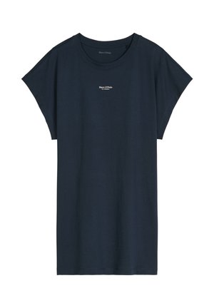 Robe courte bleu marine foncé à manches courtes avec petit logo blanc "Marc O'Polo" centré sur la poitrine, col rond et coupe ample.