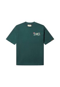 Teal bomull t-skjorte med rund hals, kort erm, og blomster "PAS DE MONACO" grafikk på fronten. Myk tekstur, avslappet passform.