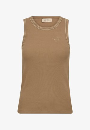 Varrimata helesinist värvi varrukateta topp ümarate kaelustega, valgete õmblustega ja väikese tikitud logoga rinnal.