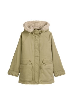 Olive green parka jacket with a beige faux fur-lined hood, two front pockets, drawstring waist, and cuffed sleeves. Cotton blend material.