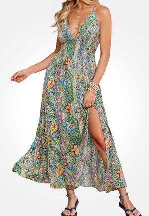 Lange, kleurrijke maxi-jurk met een diepe V-hals, paisleyprint, zijsplit en dunne bandjes. Zachte stof met een vloeiend ontwerp.