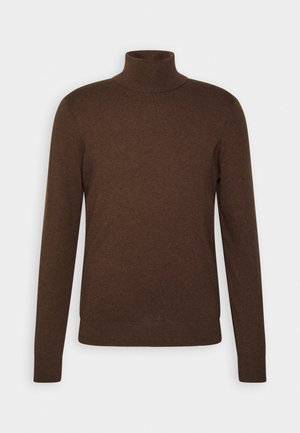 Suéter marrón de cuello de tortuga hecho de material suave, con mangas largas, un diseño ajustado y detalles acanalados en el cuello y el dobladillo.