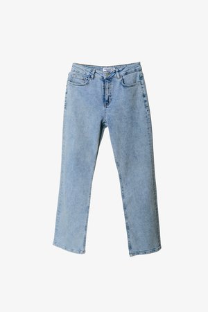 Light blue denim jeans with a straight leg design, five-pocket styling, and a waistband label. Features faded areas for texture.