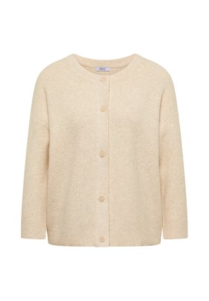 Beżowy dziergany kardigan z okrągłym dekoltem, zapięciem na guziki i lekko oversize'owym krojem. Tekstura jest miękka, z subtelnym prążkowaniem.