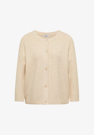 Béžový pletený kardigan s kulatým výstřihem, zapínáním na knoflíky a mírně volným střihem. Textura je měkká a jemně žebrovaná.