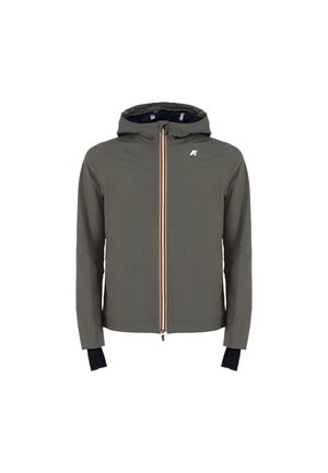Giacca con cappuccio verde oliva con zip frontale, polsini interni neri e piccolo logo sul petto sinistro.