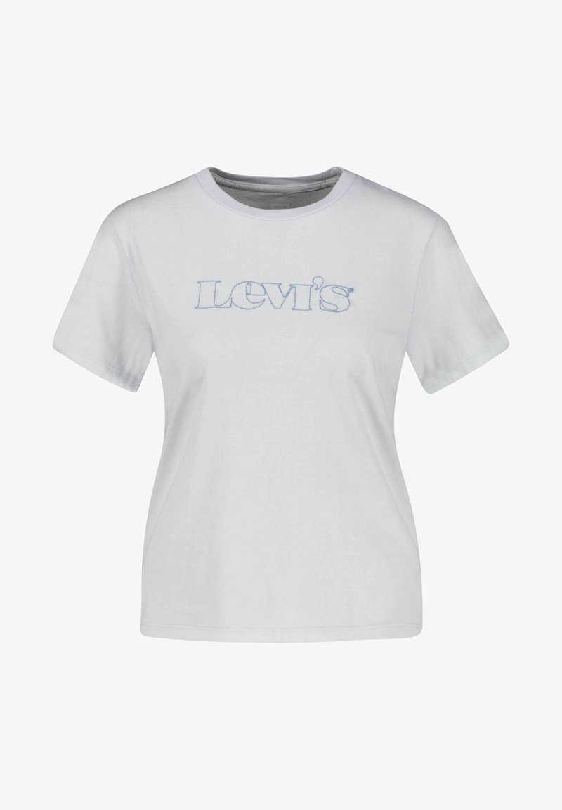 Bílý bavlněný tričko s krátkým rukávem, kulatým výstřihem a modrou vyšívanou logem "Levi's" na přední straně. Měkká textura, ležérní střih.