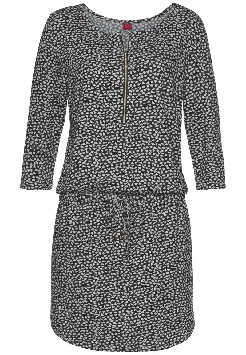 Kurzärmliges Kleid in Schwarz mit einem weißen Blattmuster, mit einem halben Reißverschluss vorne, verstellbarem Kordelzug in der Taille und weichem Stoff. 