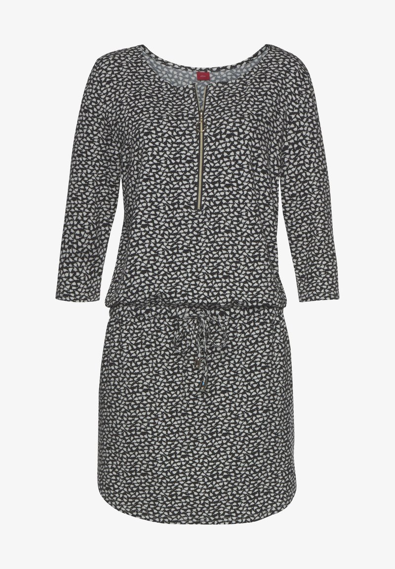 Kurzärmliges Kleid in Schwarz mit einem weißen Blattmuster, mit einem halben Reißverschluss vorne, verstellbarem Kordelzug in der Taille und weichem Stoff.