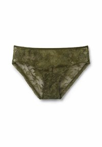 Olijfgroene kanten slipjes met bloemenpatroon, semi-doorzichtige textuur en volledig dekkend ontwerp. Zachte elastische taille en beenopeningen.