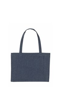 Blauwe denim draagtas met twee stevige handvatten. Rechthoekige vorm, gestructureerde stof, geen zichtbare patronen of hardware. Eenvoudig en functioneel ontwerp.