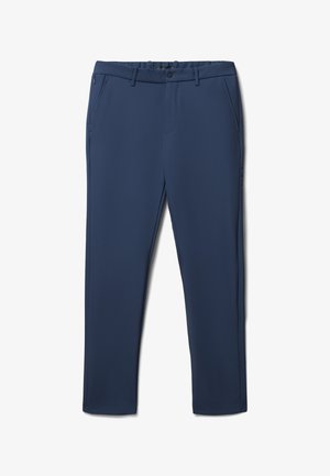 Pantaloni blu navy realizzati in tessuto liscio, con vita standard, patta con zip e tasche laterali. Taglio dritto senza motivi visibili.