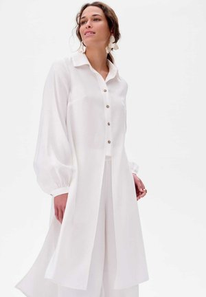Witte blouse met lange mouwen en een knoopsluiting aan de voorkant, voorzien van een kraag en losse mouwen. Gemaakt van lichte stof, met een gladde textuur en minimale accenten.