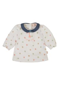 Blusa bianca a maniche lunghe con colletto in denim, decorata con pois rosa, verde e beige e un design ricamato sul davanti.