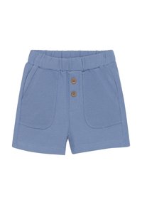 Blå bomullsshorts med elastisk midja, två framfickor och två träknappdetaljer i framkant. Slät textur.