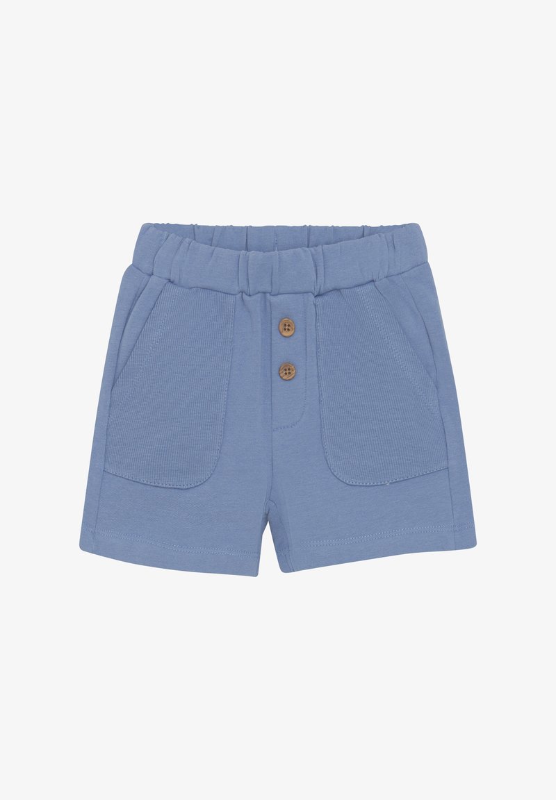Blaue Baumwollshorts mit einem elastischen Bund, zwei vorderen Taschen und zwei Holzknopf-Akzenten in der Mitte vorne. Glatte Textur.