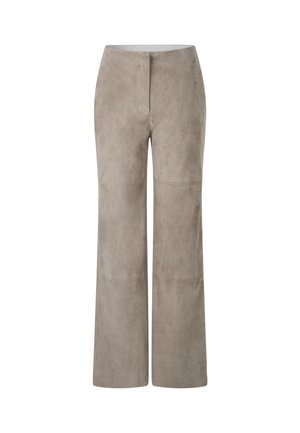 Beige suede wide-leg pants with a smooth texture, featuring a front zipper closure and subtle seam detailing on the legs.