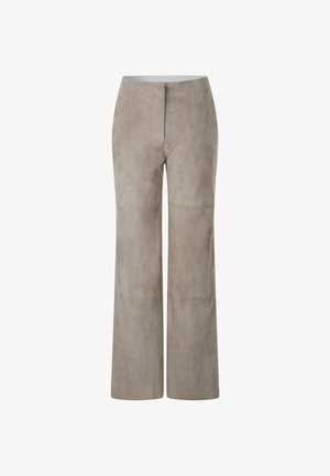 Beige suede wide-leg pants with a smooth texture, featuring a front zipper closure and subtle seam detailing on the legs.