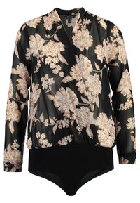 Top avvolgente nero a fiori con maniche lunghe, realizzato in tessuto trasparente decorato con fiori beige su un body nero aderente.