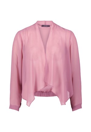 Blusa trasparente rosa chiaro con un ampio scollo aperto, maniche lunghe e orlo arricciato. Presenta una texture liscia e un design minimalista.