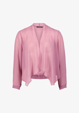 Blouse transparente rose clair avec un décolleté large et ouvert, des manches longues et un ourlet froncé. Présente une texture lisse et un design minimaliste.