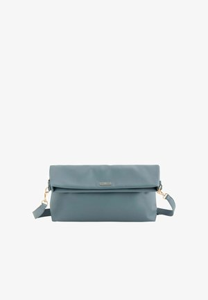 Soft blue fold-over clutch bag with detachable shoulder strap and small gold-tone logo plaque on front.