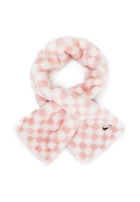 Sciarpa in pelliccia sintetica con motivo a scacchi in rosa e bianco. Texture morbida, design circolare, presenta un piccolo logo nero.