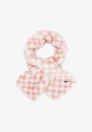 Nepbont sjaal met een geruit patroon in roze en wit. Zachte textuur, cirkelvormig ontwerp, voorzien van een klein zwart logo-accent.