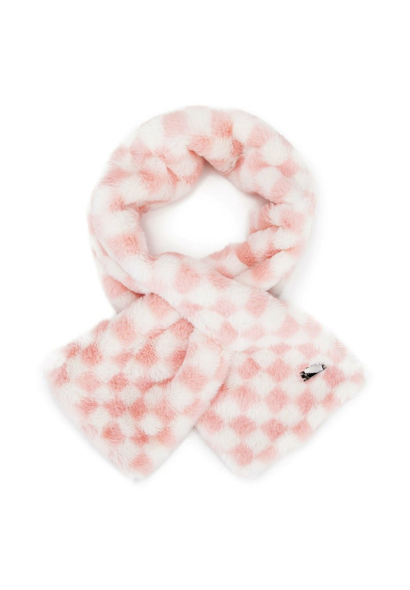 Sciarpa in pelliccia sintetica con motivo a scacchi in rosa e bianco. Texture morbida, design circolare, presenta un piccolo logo nero.
