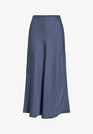 Satin A-line skirt in deep blue. Smooth texture, floor-length, with a fitted waist and flared hem. No visible patterns or hardware.