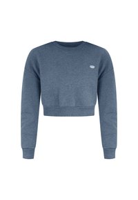 Sweat-shirt court bleu à manches longues, avec poignets et ourlet côtelés, et petit logo ovale sur la poitrine gauche.