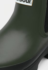 Botas de tornozelo verdes de borracha com painéis laterais elásticos, sola preta plana e um rótulo da marca. Textura suave com um acabamento brilhante.