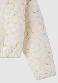Manica di giacca trapuntata crema con motivi floreali colorati ricamati e polsini elasticizzati.